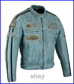 Blouson Cuir Moto Homme, Moto CE, Trike, Biker Veste, Bleu Vintage, Cafe Racer
