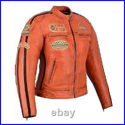 Blouson Moto Cuir Femmes Orange, Veste Cafe Racer Protector