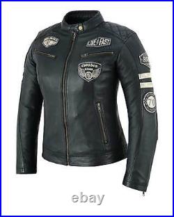 Blouson Moto Femme en Cuir Vestes en Cuir Chopper Cafe Racer CE Protectors