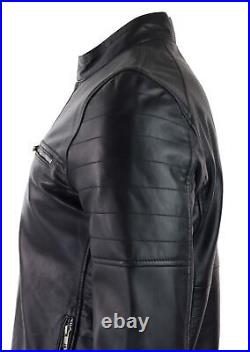 Blouson court en cuir véritable noir zippé pour homme style biker vintage rétro