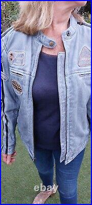 Blouson cuir femme original couleur bleu jean