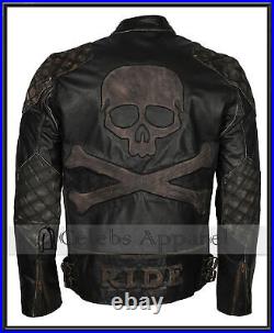 Blouson de moto en cuir avec tête de mort en relief Vintage Biker Black Jacket