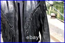 Blouson en cuir Frist genuine leather moto femme avec franges vintage taille L