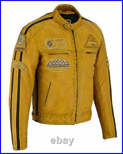 Blouson en cuir moto vintage, veste Jaune cuir pour homme avec armure CE