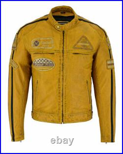 Blouson en cuir moto vintage, veste Jaune cuir pour homme avec armure CE