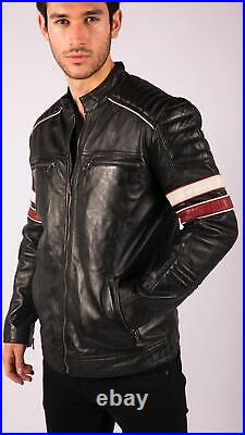 Blouson homme cuir véritable style biker motard noir à rayures rouges blanches