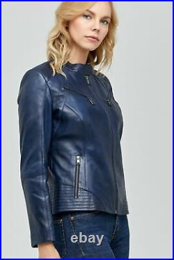 Femme Authentique Peau D'Agneau Blouson Veste Cuir Moto Motard Bleu Veste