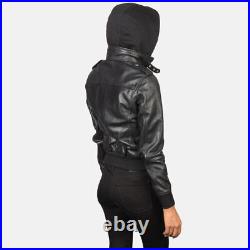 Femmes Noir Blouson Capuche Amovible Veste Cuir Moto Veste Motard Cuir