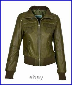 Femmes Véritable Cuir D'Agneau Vert Olive Veste Slim Fit Blouson Bomber Veste