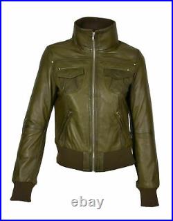 Femmes Véritable Cuir D'Agneau Vert Olive Veste Slim Fit Blouson Bomber Veste