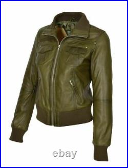 Femmes Véritable Cuir D'Agneau Vert Olive Veste Slim Fit Blouson Bomber Veste