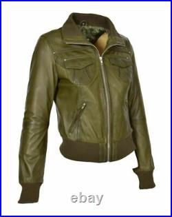 Femmes Véritable Cuir D'Agneau Vert Olive Veste Slim Fit Blouson Bomber Veste