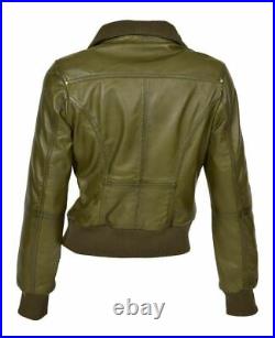 Femmes Véritable Cuir D'Agneau Vert Olive Veste Slim Fit Blouson Bomber Veste