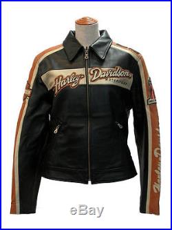 Harley Davidson Neuf Étiquetté Veste Blouson Cuir Noir & Orange Taille S/m