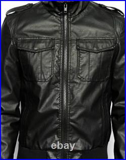 Homme Véritable Cuir D'Agneau Noir Blouson Moto Veste Avec Rabat Poches MJ15