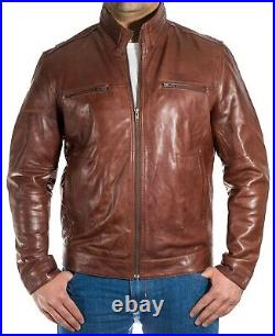 Hommes Marron Châtaigne Noir Cuir Italien Classique Décontracté Éclair Blouson