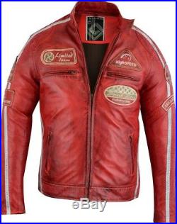 Hommes Moto Veste en Cuir Blouson Motard Vintage, Rétro Rouge