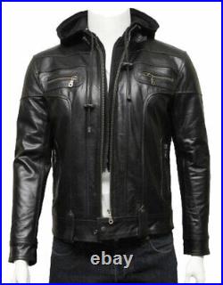 Hommes à Capuche Veste Cuir Véritable Peau D'Agneau Noir Blouson Motard Moto