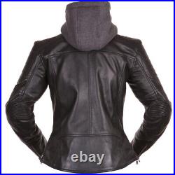 Modeka Edda Femme Veste en Cuir Noir Blouson Moto Avec Capuche Femmes