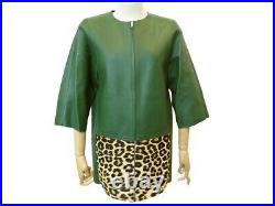Neuf Veste Celine 42 L En Cuir Agneau Vert Leopard Blouson Manteau Jacket 4600