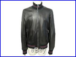 Neuf Veste Gucci Blouson 58 It 56 Fr XL Cuir Noir Bande Web Leather Jacket 3200