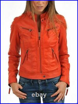 Nouveau Style Femmes Orange Blouson Veste Cuir Motard Femmes Veste 039