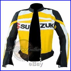 SUZUKI GSX Motard Moto Course Jaune Veste De Cuir Authentique pour motocycliste