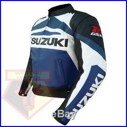 Suzuki GSX Bleu Moto Motard Cuir Vachette Protection Veste