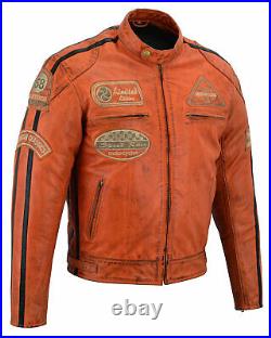 Veste Blouson Cuir Moto Homme Vintage Orange Cafe Racer Leather Jacket Biker