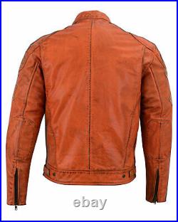 Veste Blouson Cuir Moto Homme Vintage Orange Cafe Racer Leather Jacket Biker