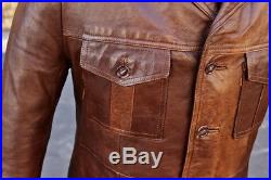 Veste Blouson blazer cuir marron véritable vintage années 70 original Taille L