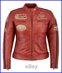 Veste Cuir Moto Femme Vintage Cafe Racer Jacke Blouson Rocker Retro Rouge