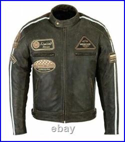 Veste En Cuir Moto Homme Vintage Cafe Racer Leather Jacket Blouson Rocker Veste