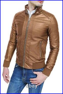 Veste Homme Beige Chameau Faux Cuir Blouson Moto