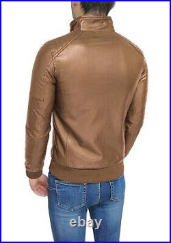 Veste Homme Beige Chameau Faux Cuir Blouson Moto