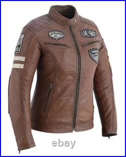 Veste Moto Femme en Cuir Blouson Moto Chopper Cafe Racer CE Protectors