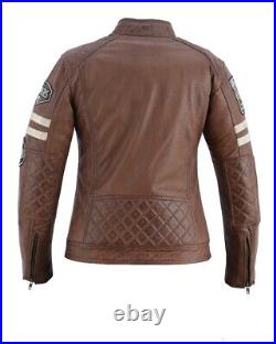 Veste Moto Femme en Cuir Blouson Moto Chopper Cafe Racer CE Protectors