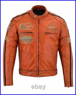 Veste Moto en cuir Vintage Orange homme avec CE Protecteurs