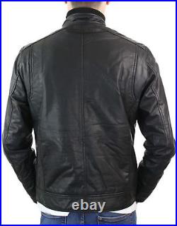 Veste courte homme cuir véritable noir vintage rétro fermeture éclair manteau