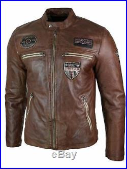 Veste courte motard course badge cuir véritable marron clair vintage rétro homme