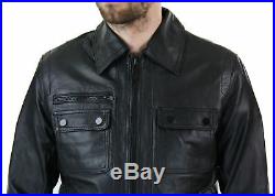 Veste courte zippée cuir véritable noir coupe ajustée classique rétro homme