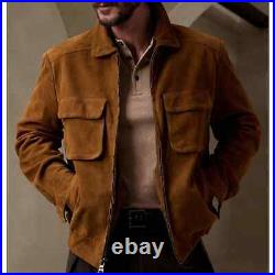 Veste en daim marron foncé pour hommes. Blouson bomber en cuir de mouton véri