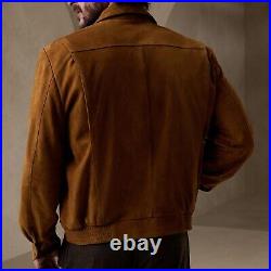 Veste en daim marron foncé pour hommes. Blouson bomber en cuir de mouton véri