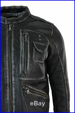 Veste homme cuir véritable noir délavé vieilli coupe cintrée style biker rétro