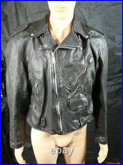 Vintage Heavy écarté Leathers Moto Veste en cuir noire taille S